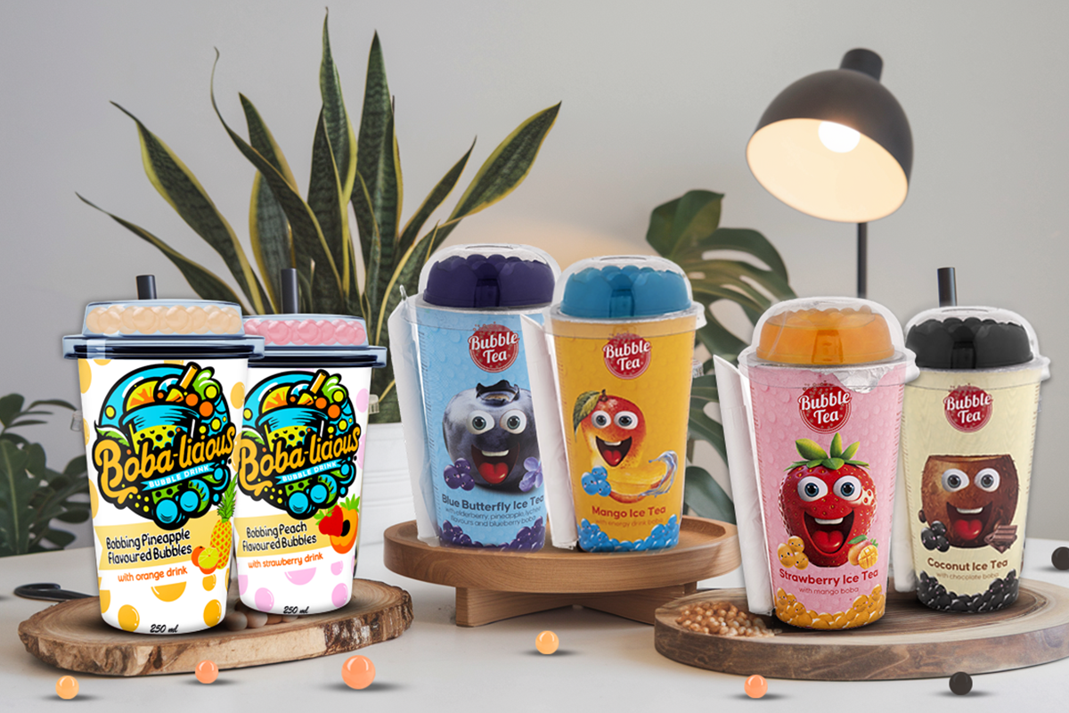 Bobalicious and Bubble Tea drinks showcasing a variety of refreshing flavours with vibrant packaging on a stylish table setup.